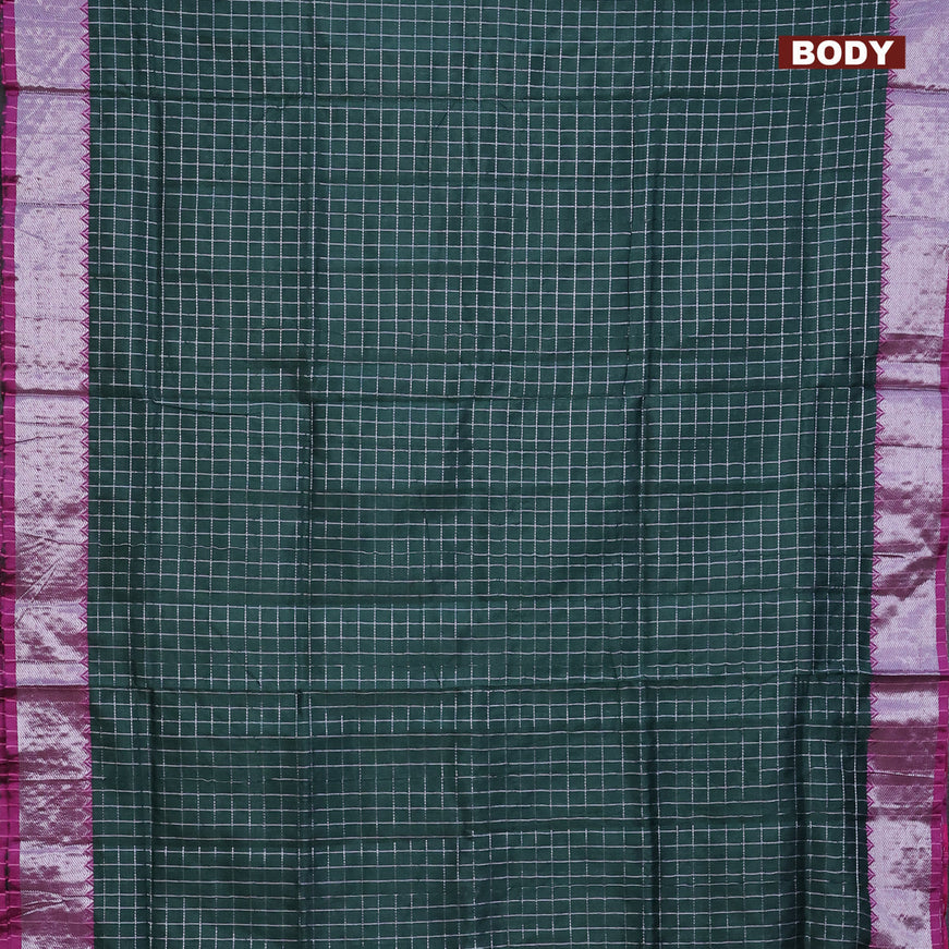 Semi mangalgiri silk saree bottle green and dark pink with allover silver zari checked pattern and silver zari woven border