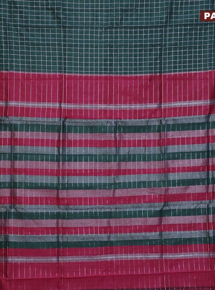 Semi mangalgiri silk saree bottle green and dark pink with allover silver zari checked pattern and silver zari woven border