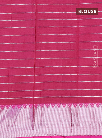 Semi mangalgiri silk saree bottle green and dark pink with allover silver zari checked pattern and silver zari woven border