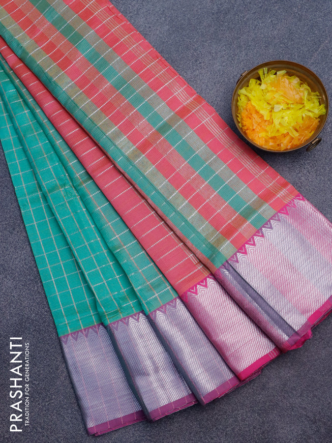 Semi mangalgiri silk saree teal green and dual shade of pink with allover silver zari checked pattern and silver zari woven border