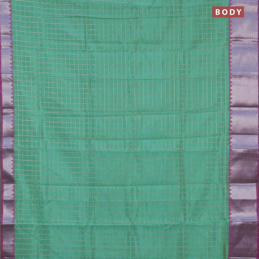 Semi mangalgiri silk saree teal green and dual shade of pink with allover silver zari checked pattern and silver zari woven border