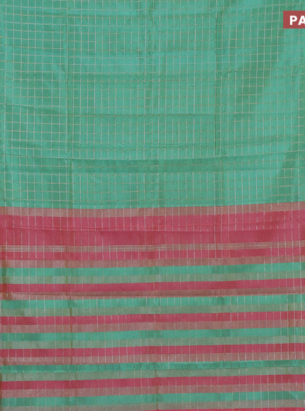 Semi mangalgiri silk saree teal green and dual shade of pink with allover silver zari checked pattern and silver zari woven border