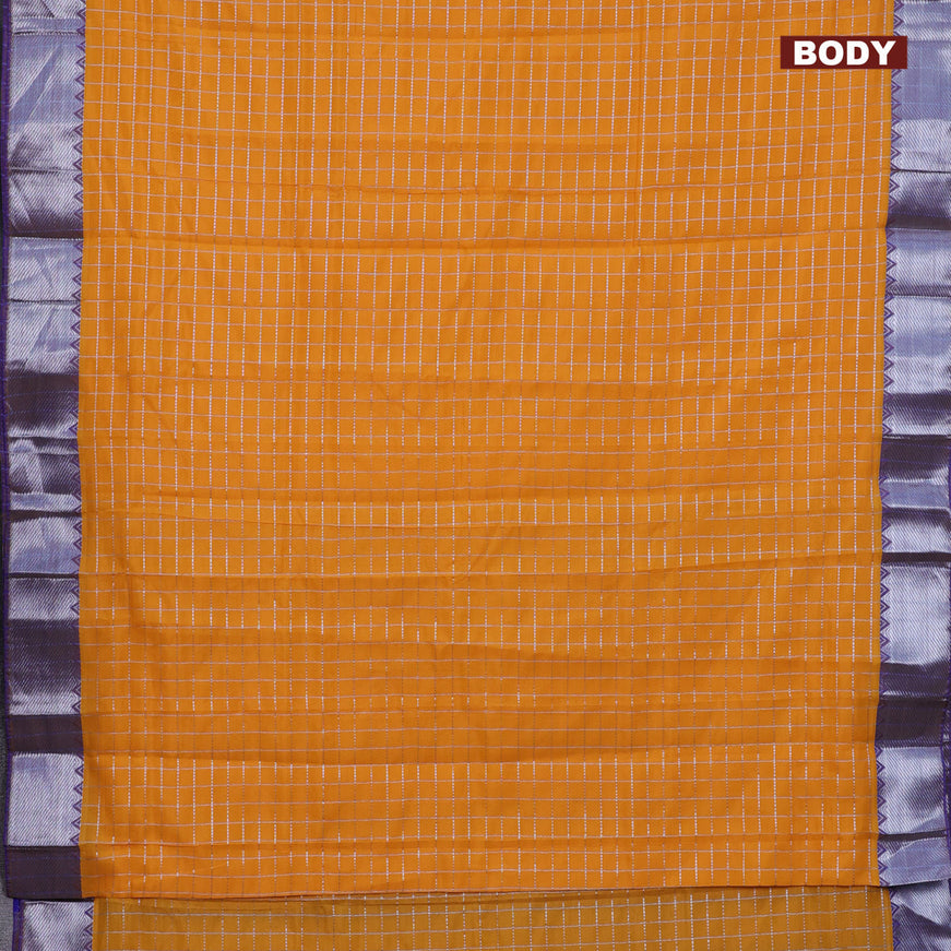 Semi mangalgiri silk saree orange and dual shade of blue with allover silver zari checked pattern and silver zari woven border