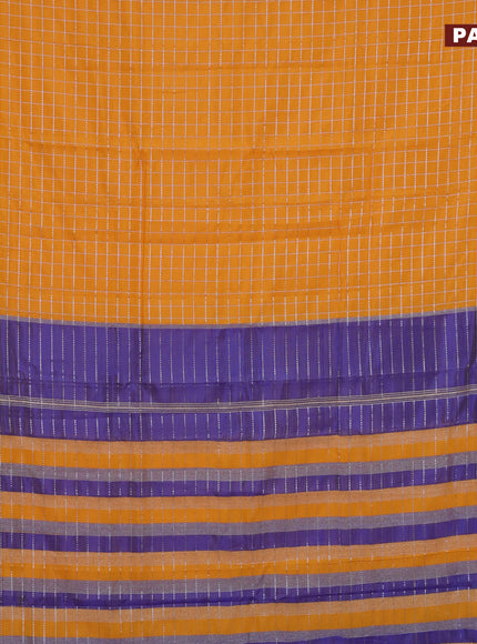 Semi mangalgiri silk saree orange and dual shade of blue with allover silver zari checked pattern and silver zari woven border