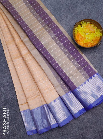 Semi mangalgiri silk saree pale orange and blue with allover silver woven zari checked pattern and silver zari woven border