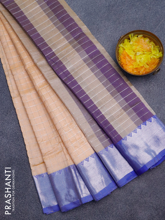 Semi mangalgiri silk saree pale orange and blue with allover silver woven zari checked pattern and silver zari woven border