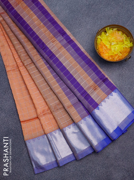 Semi mangalgiri silk saree pale orange and blue with allover silver woven zari checked pattern and silver zari woven border