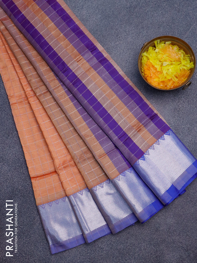 Semi mangalgiri silk saree pale orange and blue with allover silver woven zari checked pattern and silver zari woven border