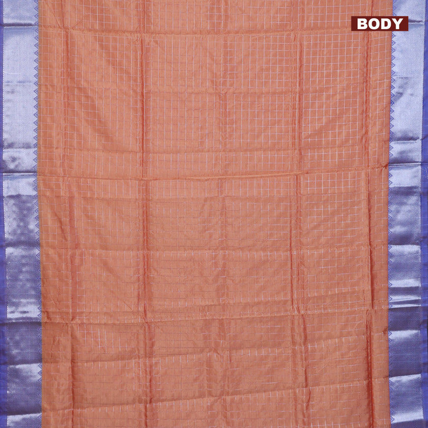 Semi mangalgiri silk saree pale orange and blue with allover silver woven zari checked pattern and silver zari woven border