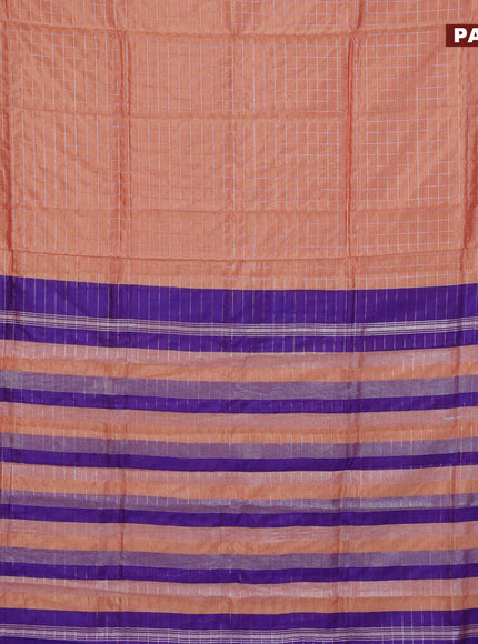 Semi mangalgiri silk saree pale orange and blue with allover silver woven zari checked pattern and silver zari woven border