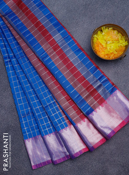 Semi mangalgiri silk saree cs blue and pink with allover silver woven zari checked pattern and silver zari woven border