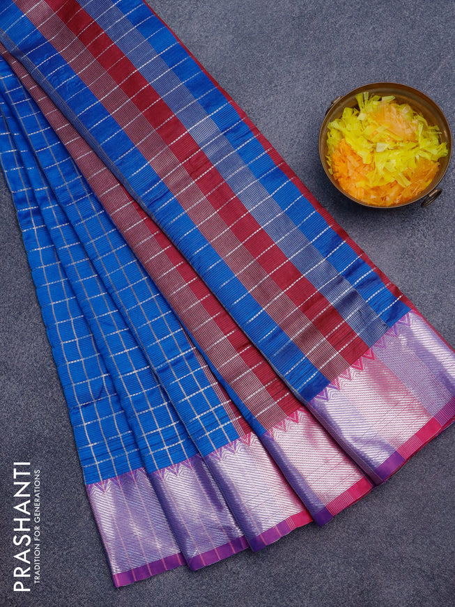 Semi mangalgiri silk saree cs blue and pink with allover silver woven zari checked pattern and silver zari woven border