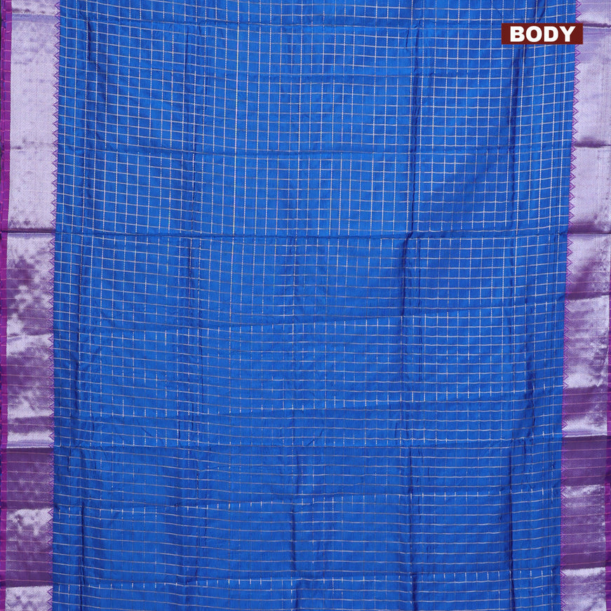 Semi mangalgiri silk saree cs blue and pink with allover silver woven zari checked pattern and silver zari woven border