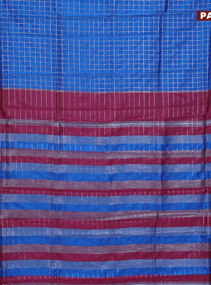 Semi mangalgiri silk saree cs blue and pink with allover silver woven zari checked pattern and silver zari woven border