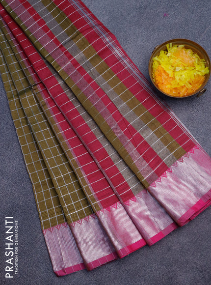 Semi mangalgiri silk saree military green and dark pink with allover silver woven zari checked pattern and silver zari woven border