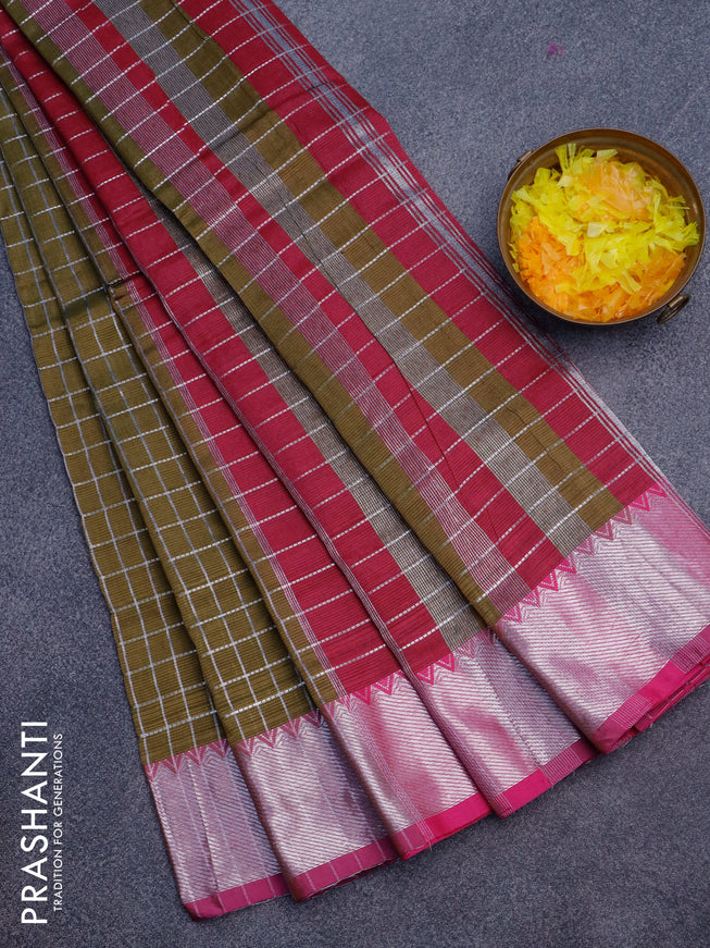 Semi mangalgiri silk saree military green and dark pink with allover silver woven zari checked pattern and silver zari woven border