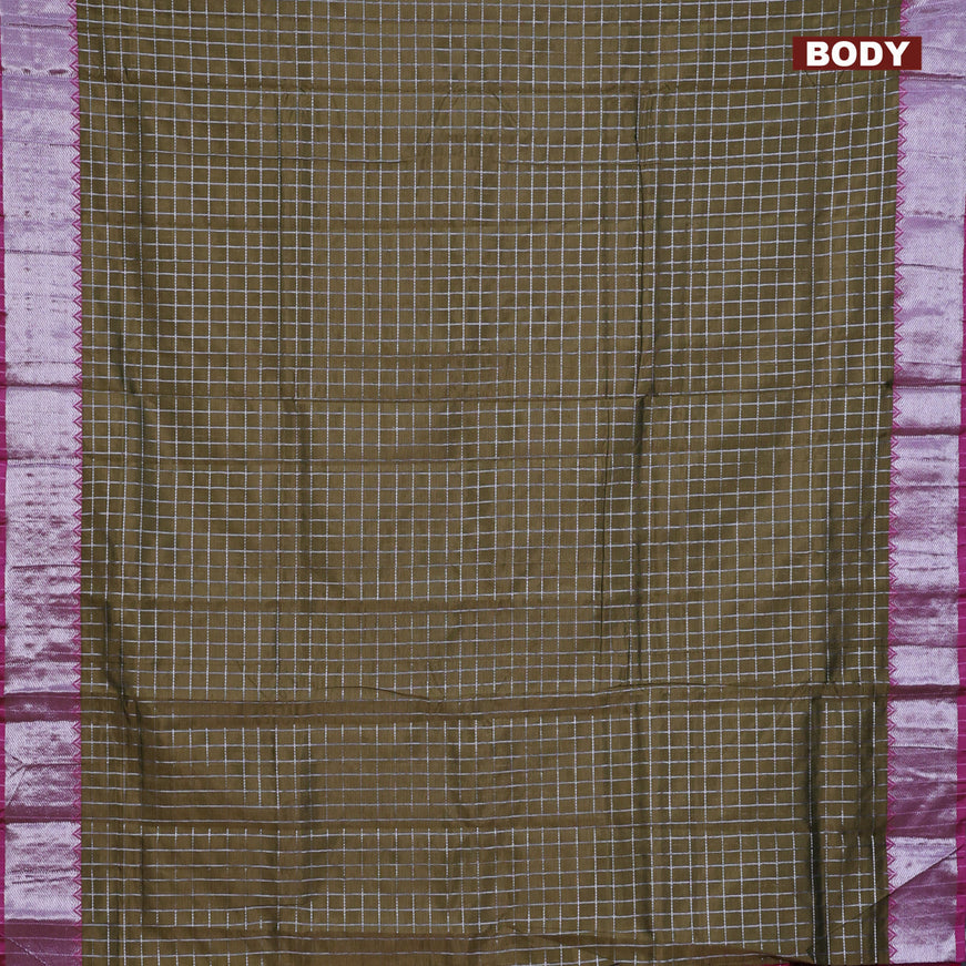 Semi mangalgiri silk saree military green and dark pink with allover silver woven zari checked pattern and silver zari woven border