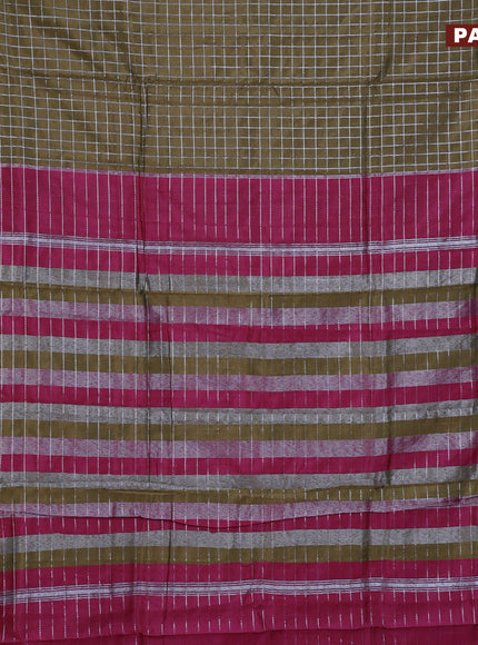 Semi mangalgiri silk saree military green and dark pink with allover silver woven zari checked pattern and silver zari woven border