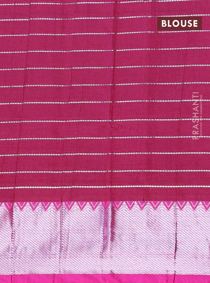 Semi mangalgiri silk saree military green and dark pink with allover silver woven zari checked pattern and silver zari woven border