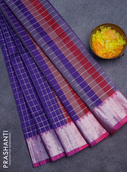 Semi mangalgiri silk saree blue and pink with allover silver woven zari checked pattern and silver zari woven border