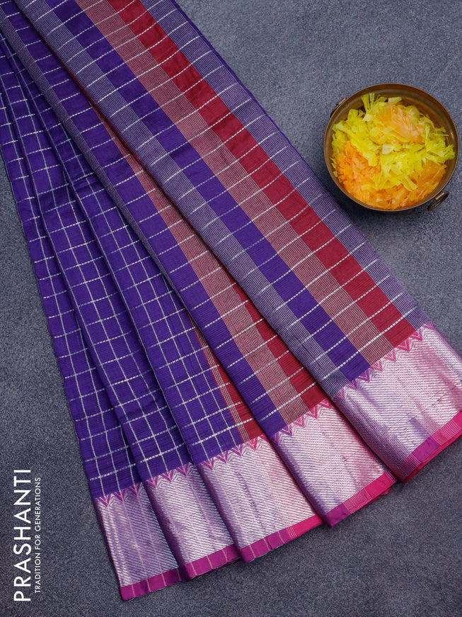 Semi mangalgiri silk saree blue and pink with allover silver woven zari checked pattern and silver zari woven border