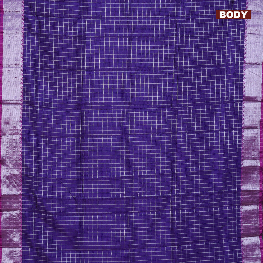 Semi mangalgiri silk saree blue and pink with allover silver woven zari checked pattern and silver zari woven border