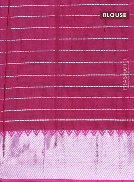 Semi mangalgiri silk saree blue and pink with allover silver woven zari checked pattern and silver zari woven border