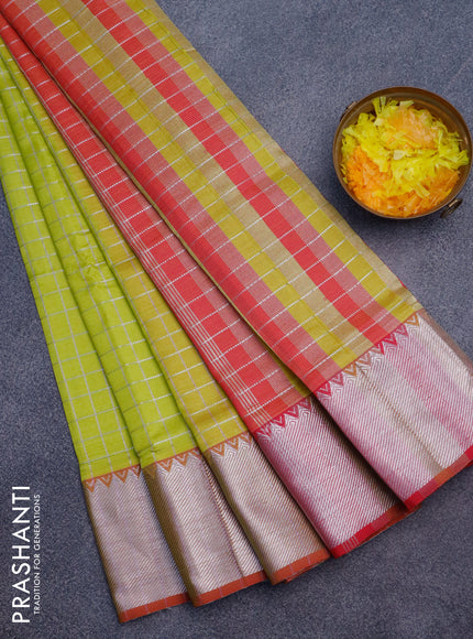 Semi mangalgiri silk saree fluorescent green and pink with allover silver woven zari checked pattern and silver zari woven border