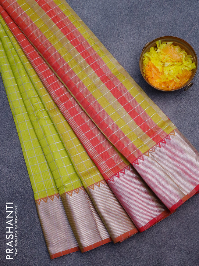 Semi mangalgiri silk saree fluorescent green and pink with allover silver woven zari checked pattern and silver zari woven border