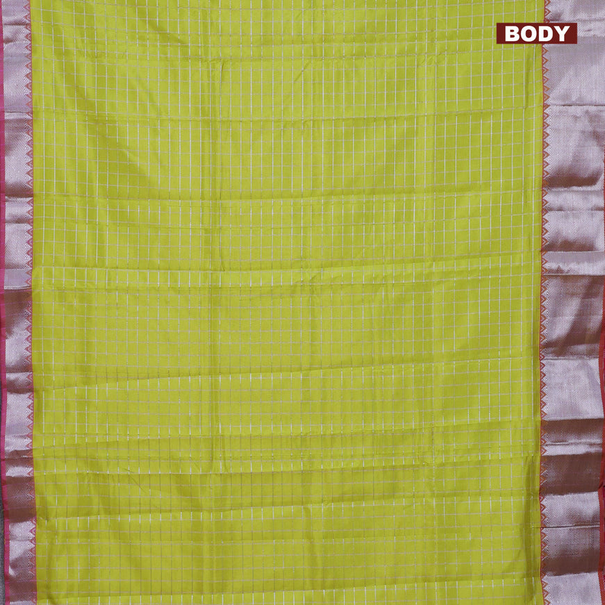 Semi mangalgiri silk saree fluorescent green and pink with allover silver woven zari checked pattern and silver zari woven border