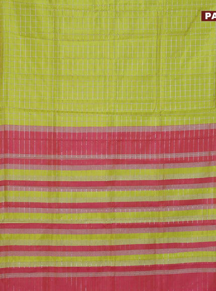 Semi mangalgiri silk saree fluorescent green and pink with allover silver woven zari checked pattern and silver zari woven border