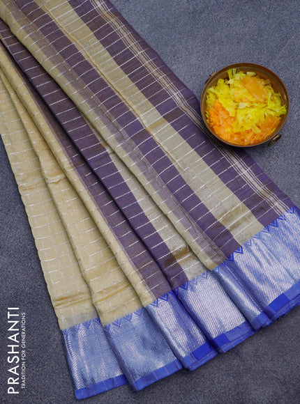 Semi mangalgiri silk saree yellow shade and blue with allover silver woven zari checked pattern and silver zari woven border