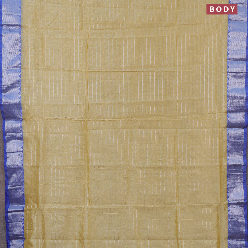 Semi mangalgiri silk saree yellow shade and blue with allover silver woven zari checked pattern and silver zari woven border