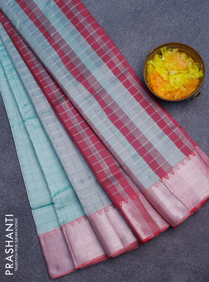 Semi mangalgiri silk saree teal shade and pink with allover silver woven zari checked pattern and silver zari woven border