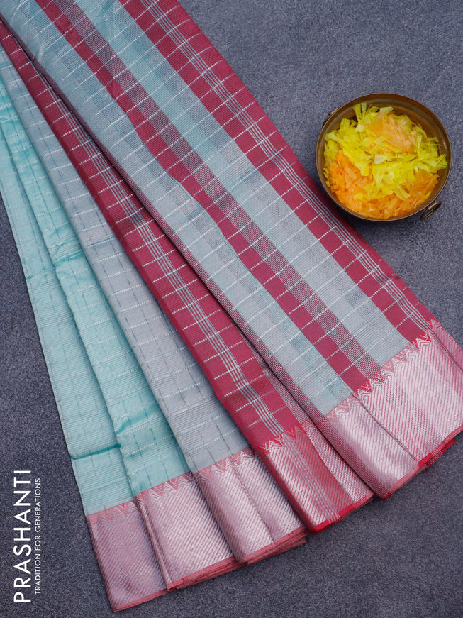 Semi mangalgiri silk saree teal shade and pink with allover silver woven zari checked pattern and silver zari woven border