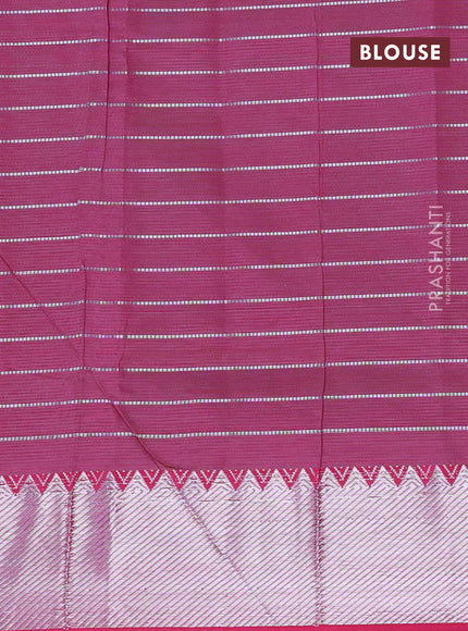 Semi mangalgiri silk saree teal shade and pink with allover silver woven zari checked pattern and silver zari woven border