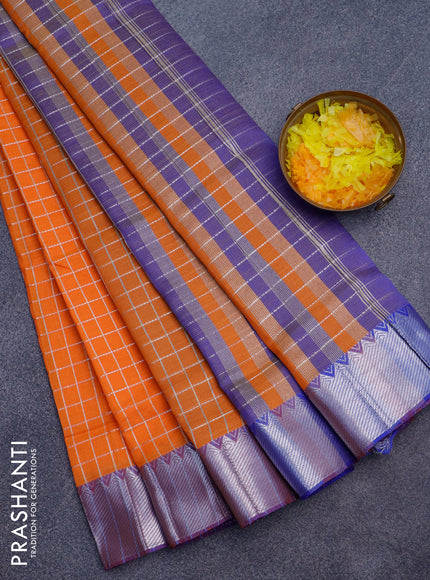 Semi mangalgiri silk saree orange and blue with allover silver woven zari checked pattern and silver zari woven border