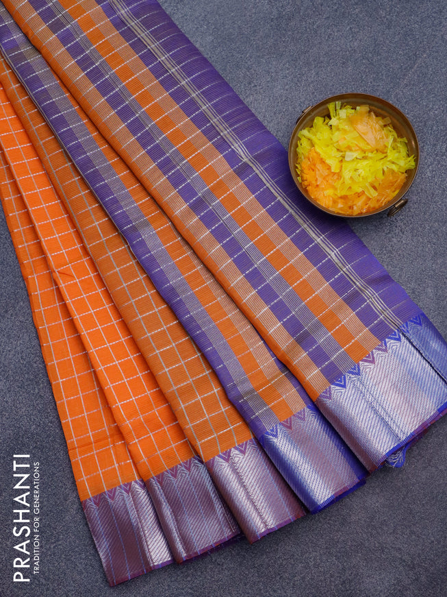 Semi mangalgiri silk saree orange and blue with allover silver woven zari checked pattern and silver zari woven border