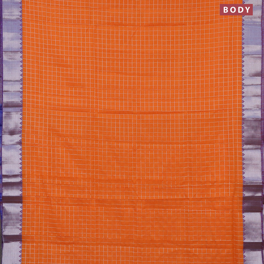 Semi mangalgiri silk saree orange and blue with allover silver woven zari checked pattern and silver zari woven border