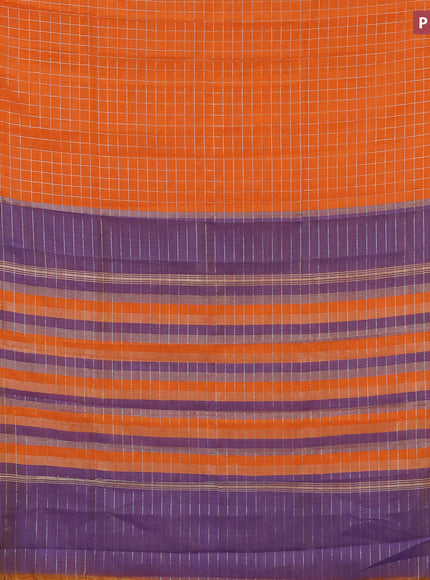 Semi mangalgiri silk saree orange and blue with allover silver woven zari checked pattern and silver zari woven border