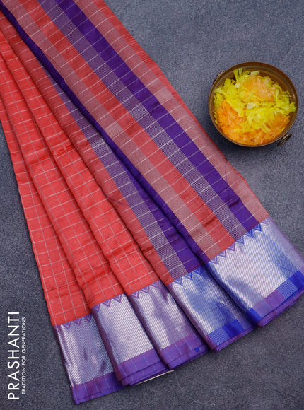 Semi mangalgiri silk saree pink shade and blue with allover silver woven zari checked pattern and silver zari woven border