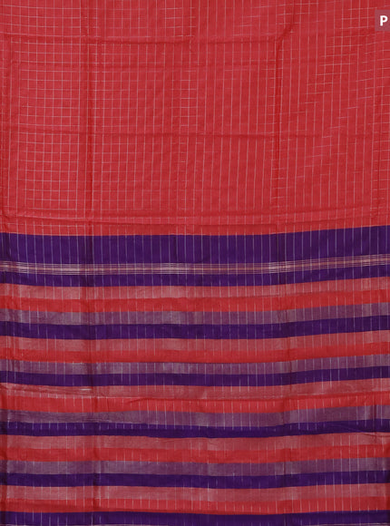 Semi mangalgiri silk saree pink shade and blue with allover silver woven zari checked pattern and silver zari woven border