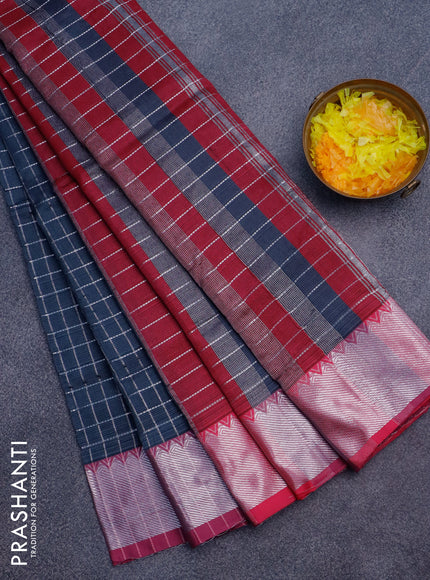 Semi mangalgiri silk saree grey and pink with allover silver woven zari checked pattern and silver zari woven border