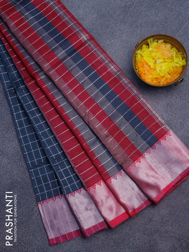 Semi mangalgiri silk saree grey and pink with allover silver woven zari checked pattern and silver zari woven border