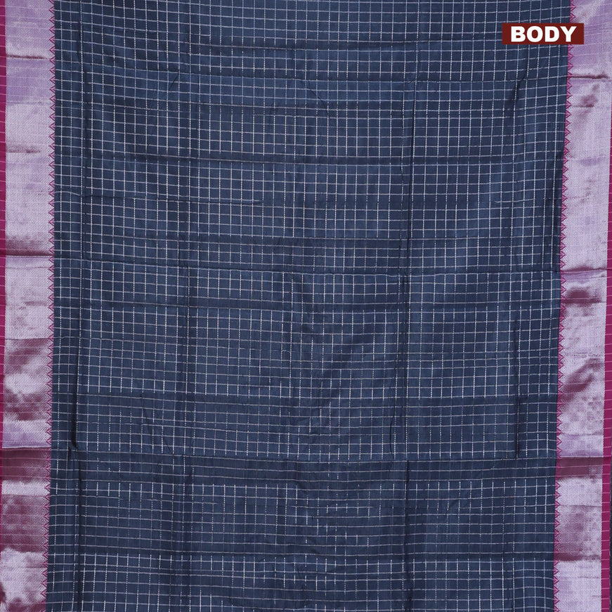 Semi mangalgiri silk saree grey and pink with allover silver woven zari checked pattern and silver zari woven border