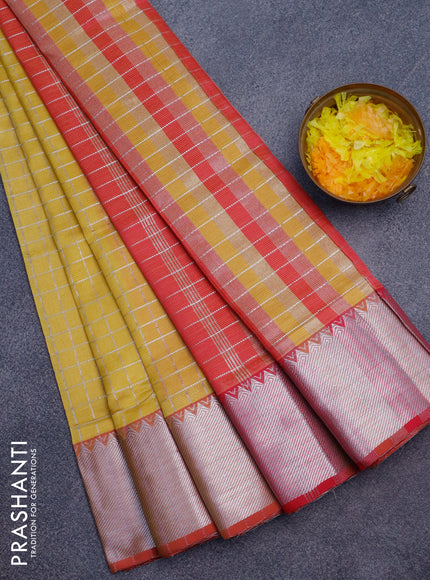 Semi mangalgiri silk saree yellow and pink with allover silver woven zari checked pattern and silver zari woven border