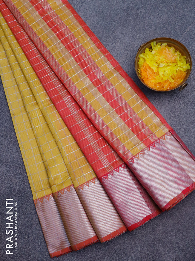 Semi mangalgiri silk saree yellow and pink with allover silver woven zari checked pattern and silver zari woven border