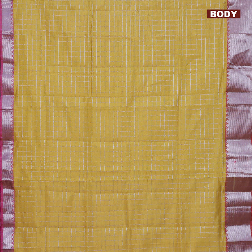 Semi mangalgiri silk saree yellow and pink with allover silver woven zari checked pattern and silver zari woven border