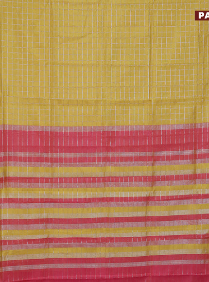 Semi mangalgiri silk saree yellow and pink with allover silver woven zari checked pattern and silver zari woven border