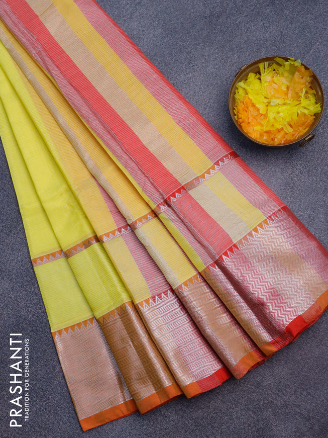 Semi mangalgiri silk saree lime yellow and red with plain body and silver zari woven border